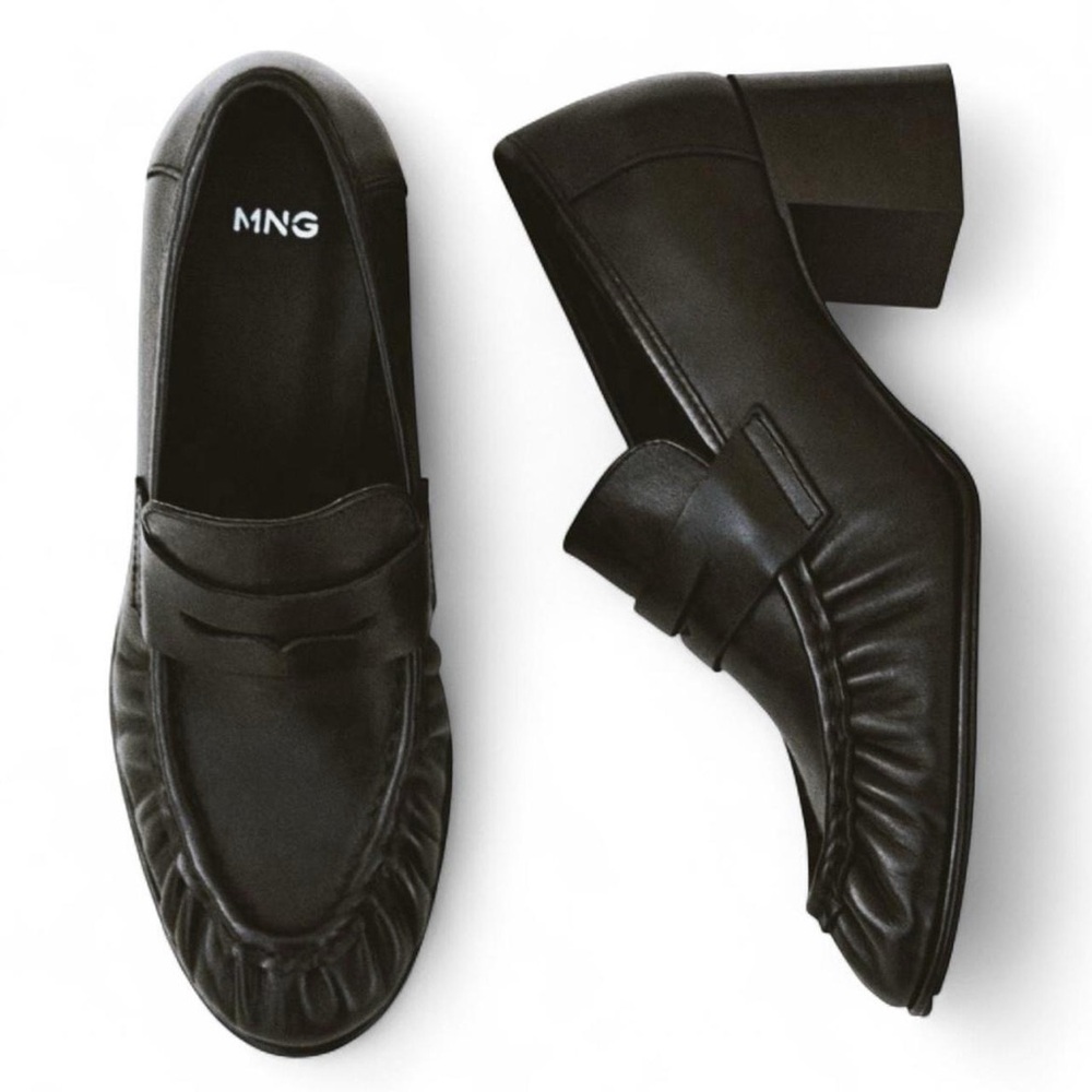 MNG Leather Chunky Heel Loafer Pump Shoes with Pleat Detail